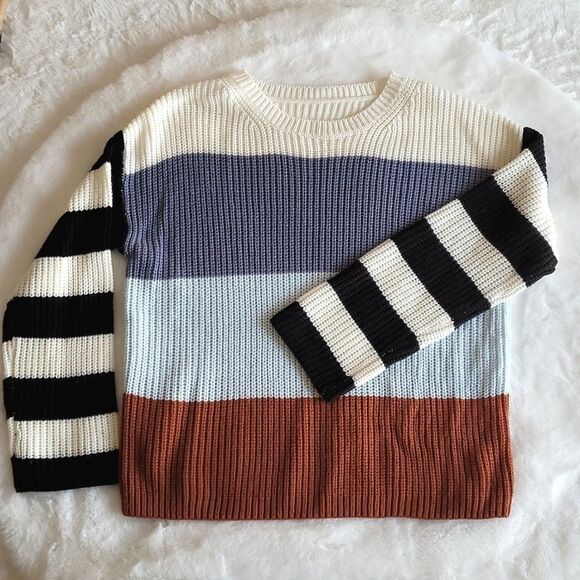Thick Stripe Colorblock Knit Pullover Crewneck Contrast Sweater Medium - Picture 9 of 10